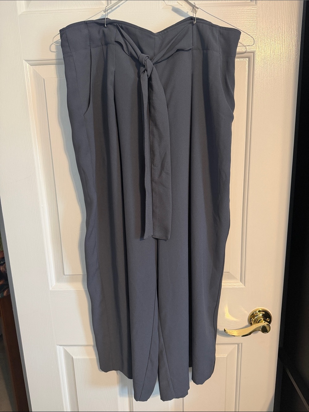 Madison Slate Gray Strapless Tie-Front Wide-Leg Jumpsuit